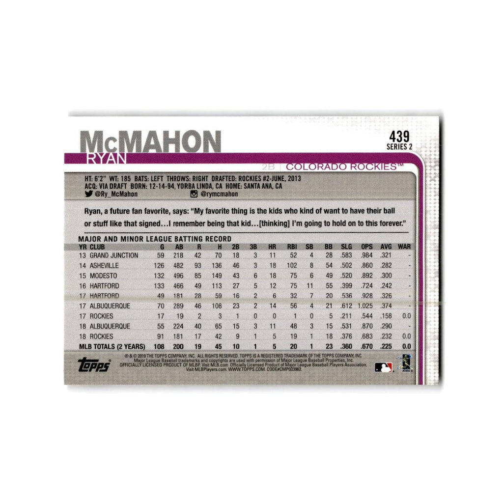 Ryan McMahon 2019 Topps #439 Colorado Rockies Baseball Card NM
