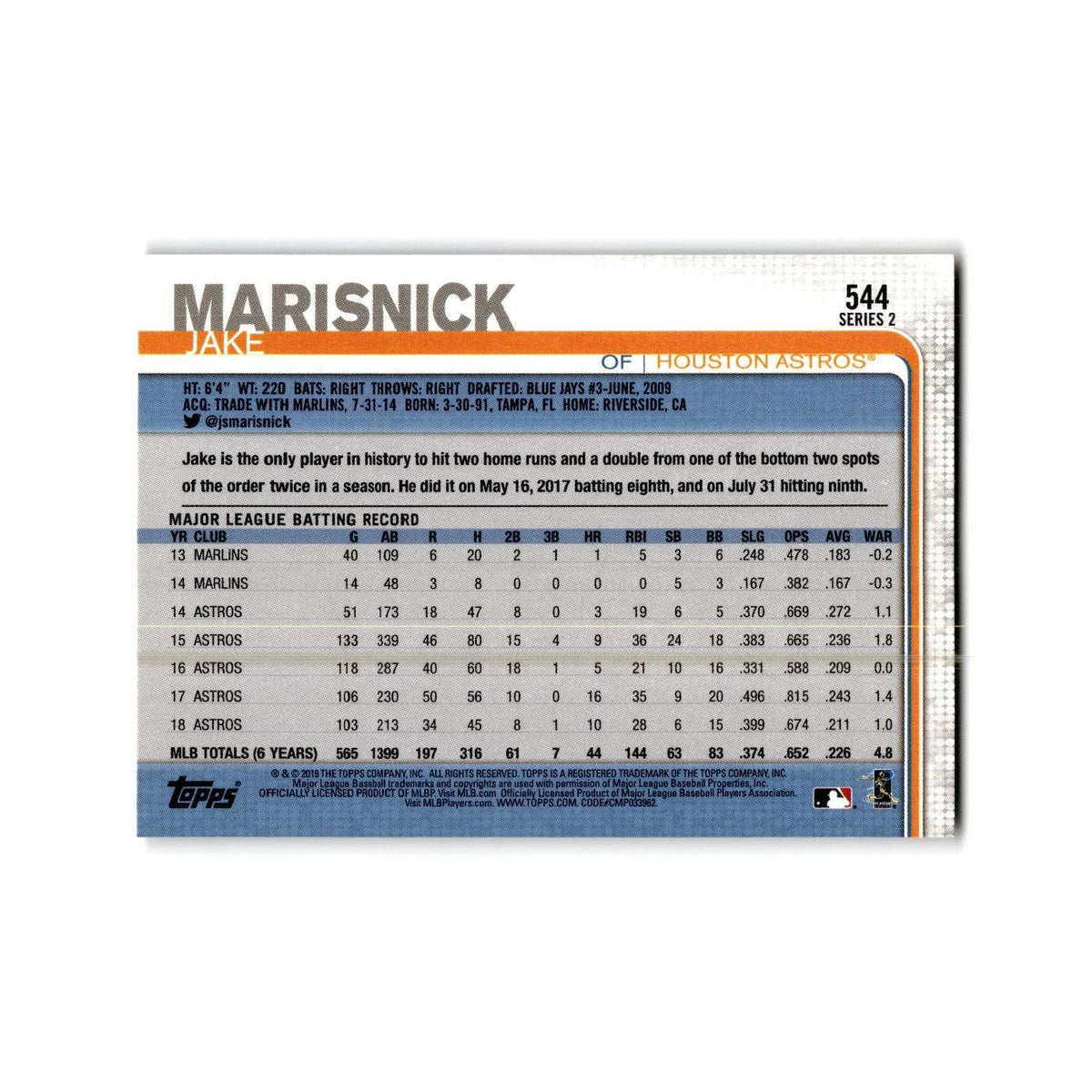 Jake Marisnick 2019 Topps #544 Houston Astros Baseball Card NM
