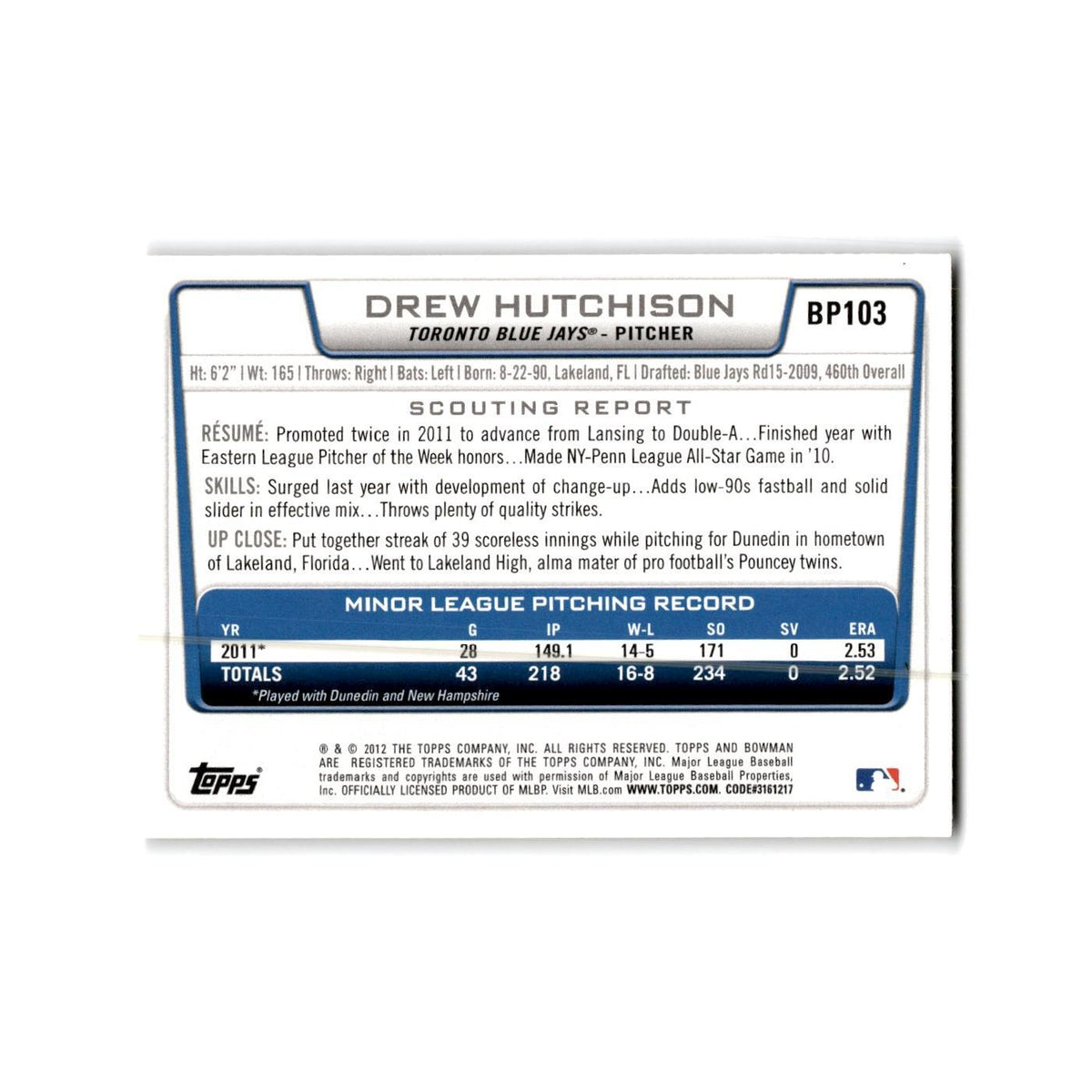 Drew Hutchison 2012 Bowman Prospects #BP103 Toronto Blue Jays Baseball Card NM