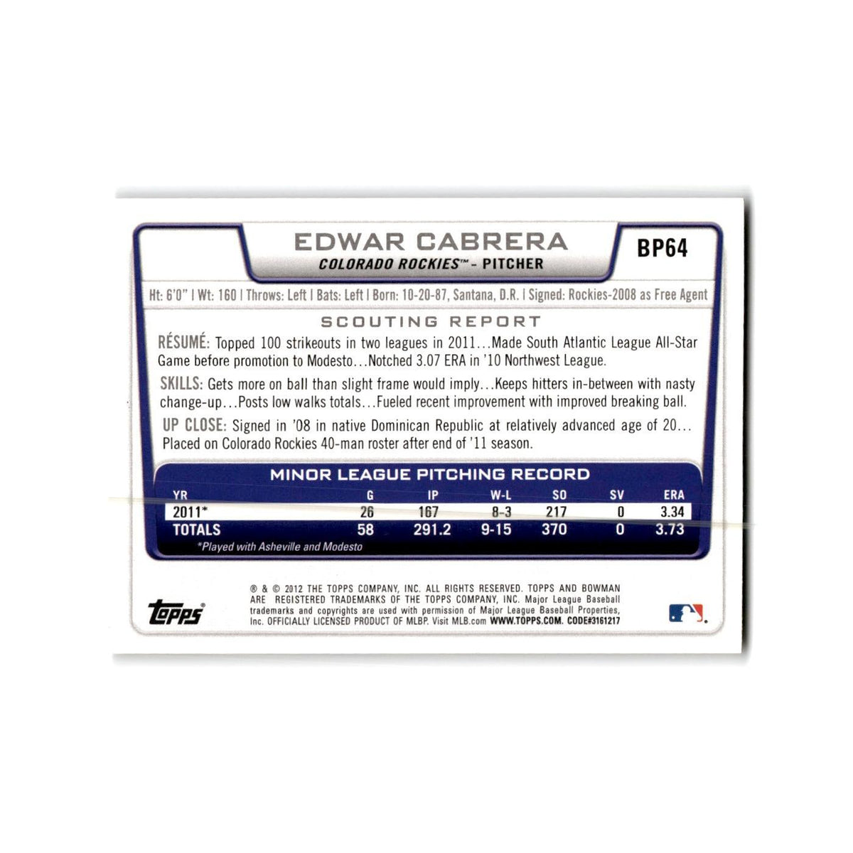 Edwar Cabrera 2012 Bowman Prospects #BP64 Colorado Rockies Baseball Card NM