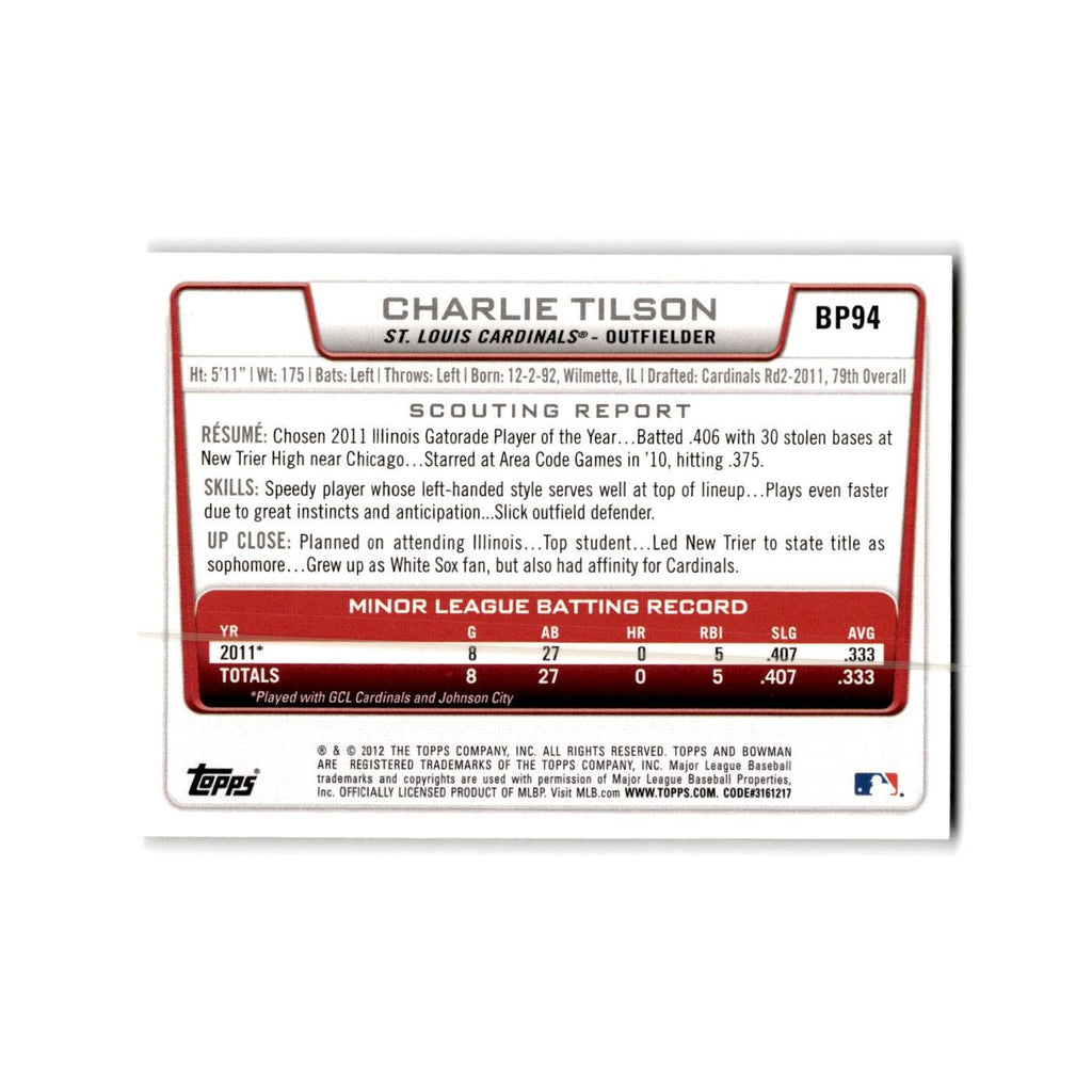 Charlie Tilson 2012 Bowman Prospects #BP94 St. Louis Cardinals Baseball Card NM