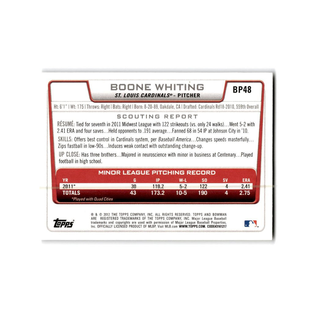 Boone Whiting 2012 Bowman Prospects #BP48 St. Louis Cardinals Baseball Card NM