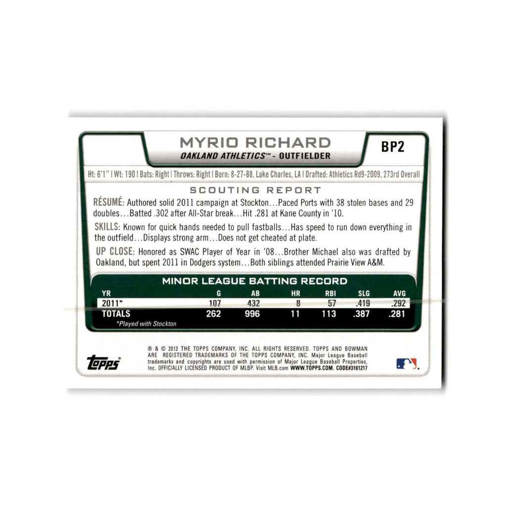 Myrio Richard 2012 Bowman Prospects #BP2 Oakland Athletics Baseball Card NM