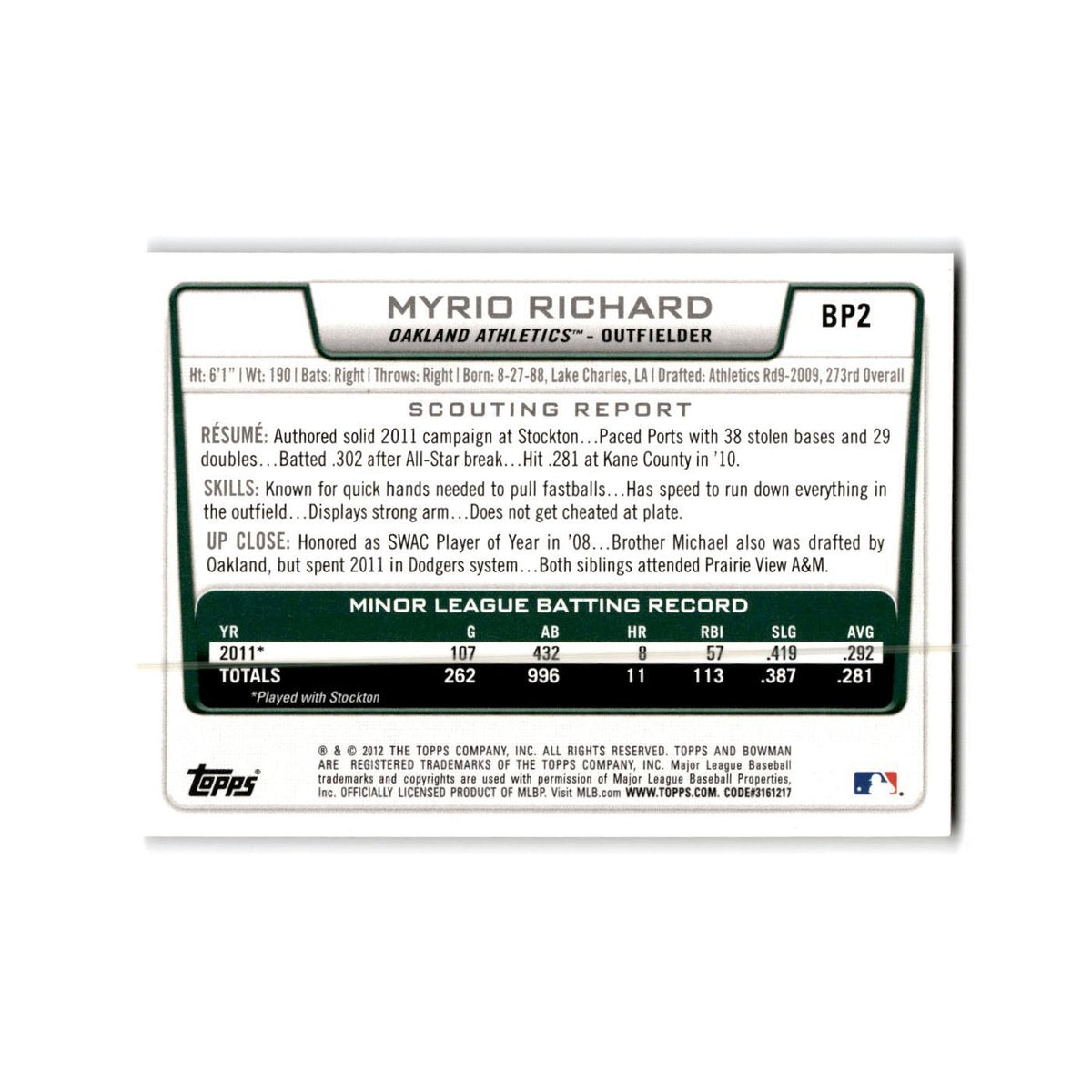 Myrio Richard 2012 Bowman Prospects #BP2 Oakland Athletics Baseball Card NM