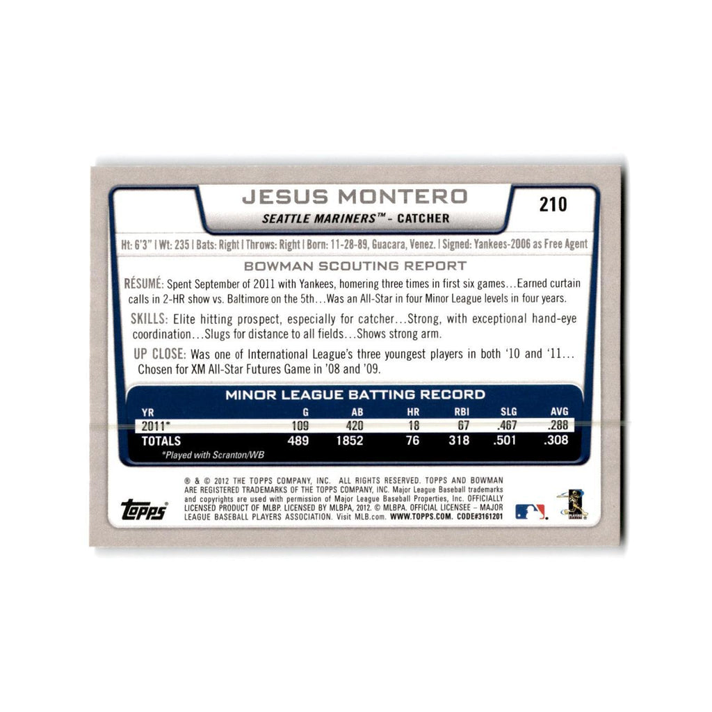 Jesus Montero Rookie 2012 Bowman #210 Seattle Mariners Baseball Card NM