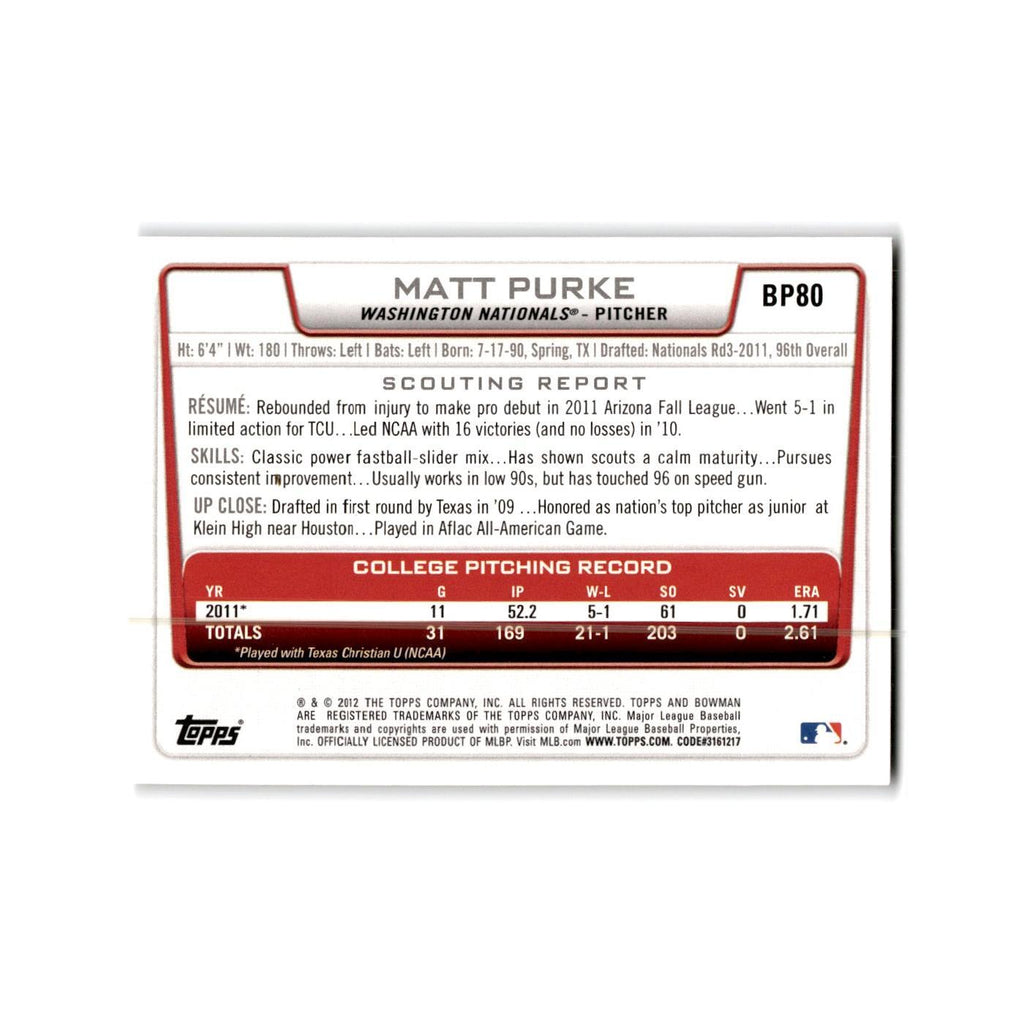 Matt Purke 2012 Bowman Prospects #BP80 Washington Nationals Baseball Card NM