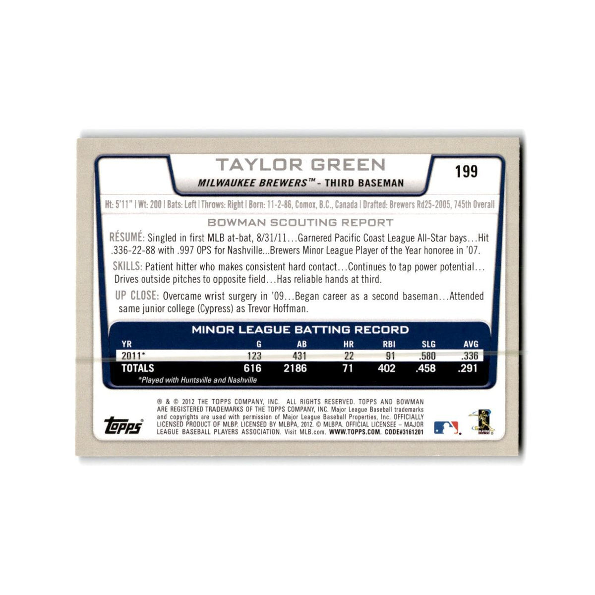 Taylor Green 2012 Bowman Gold #199 Milwaukee Brewers Baseball Card NM
