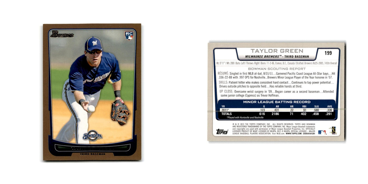 Taylor Green 2012 Bowman Gold #199 Milwaukee Brewers Baseball Card NM
