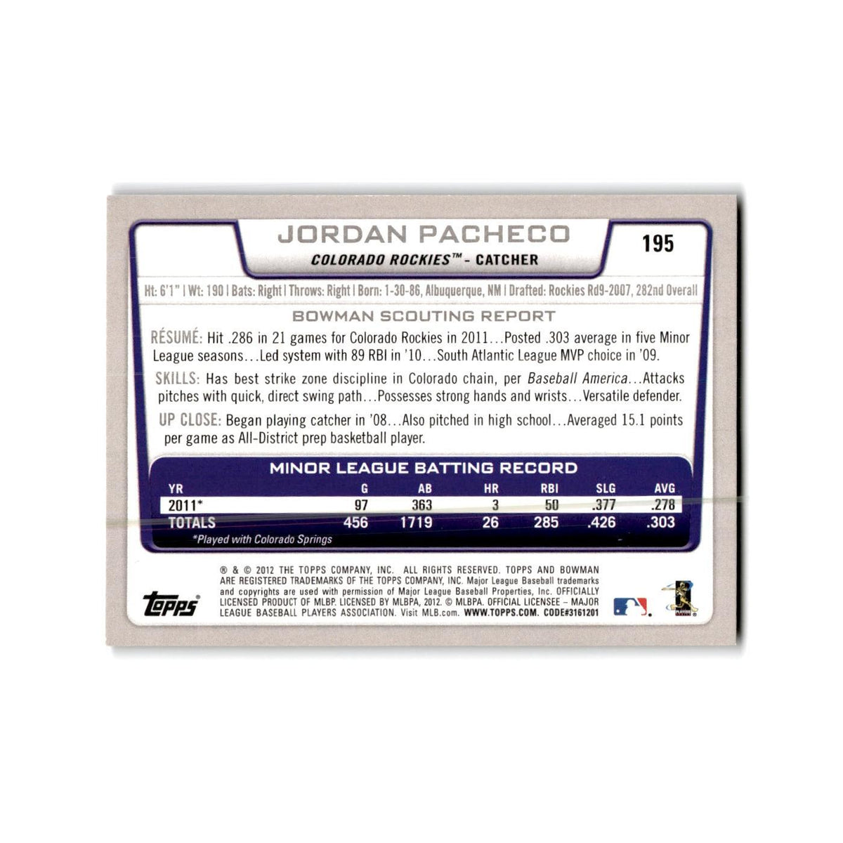 Jordan Pacheco 2012 Bowman Gold #195 Colorado Rockies Baseball Card NM