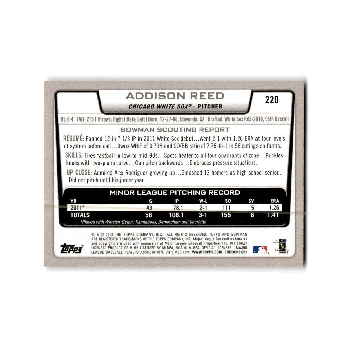 Addison Reed Rookie 2012 Bowman #220 Chicago White Sox Baseball Card NM