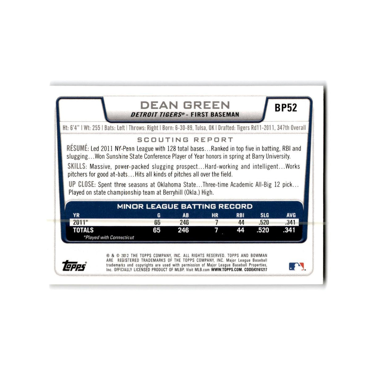 Dean Green 2012 Bowman Prospects #BP52 Detroit Tigers Baseball Card NM