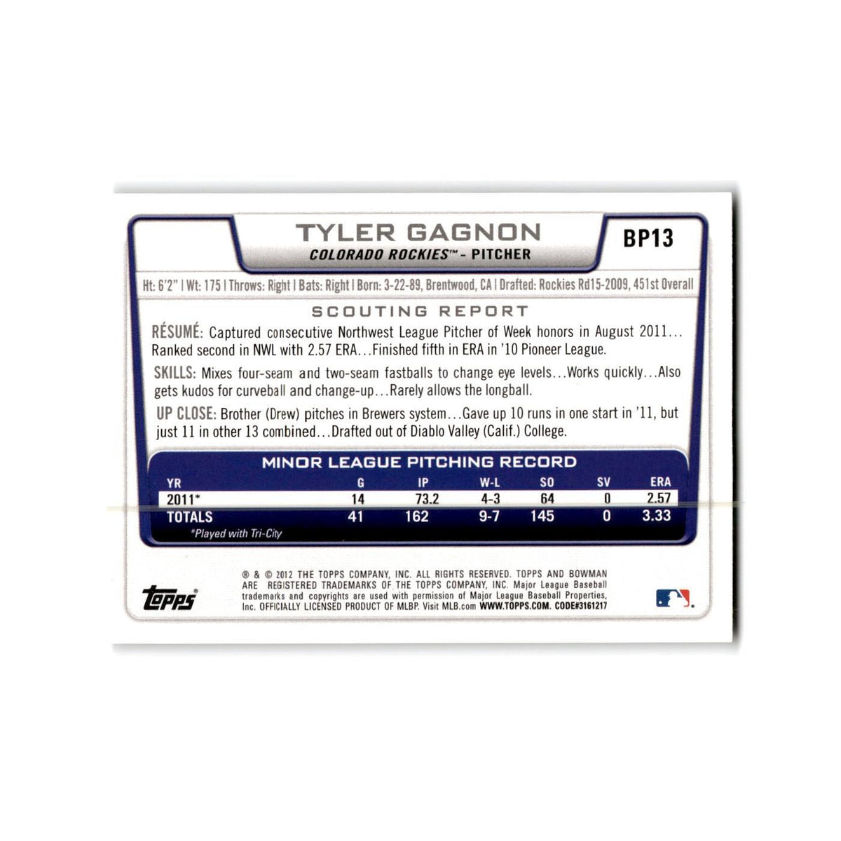 Tyler Gagnon 2012 Bowman Prospects #BP13 Colorado Rockies Baseball Card NM