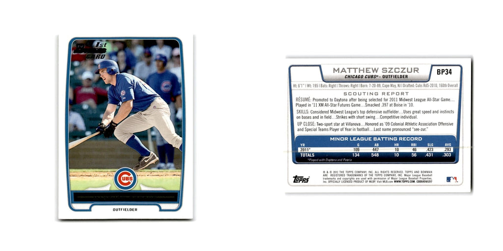Matthew Szczur 2012 Bowman Prospects #BP34 Chicago Cubs Baseball Card NM