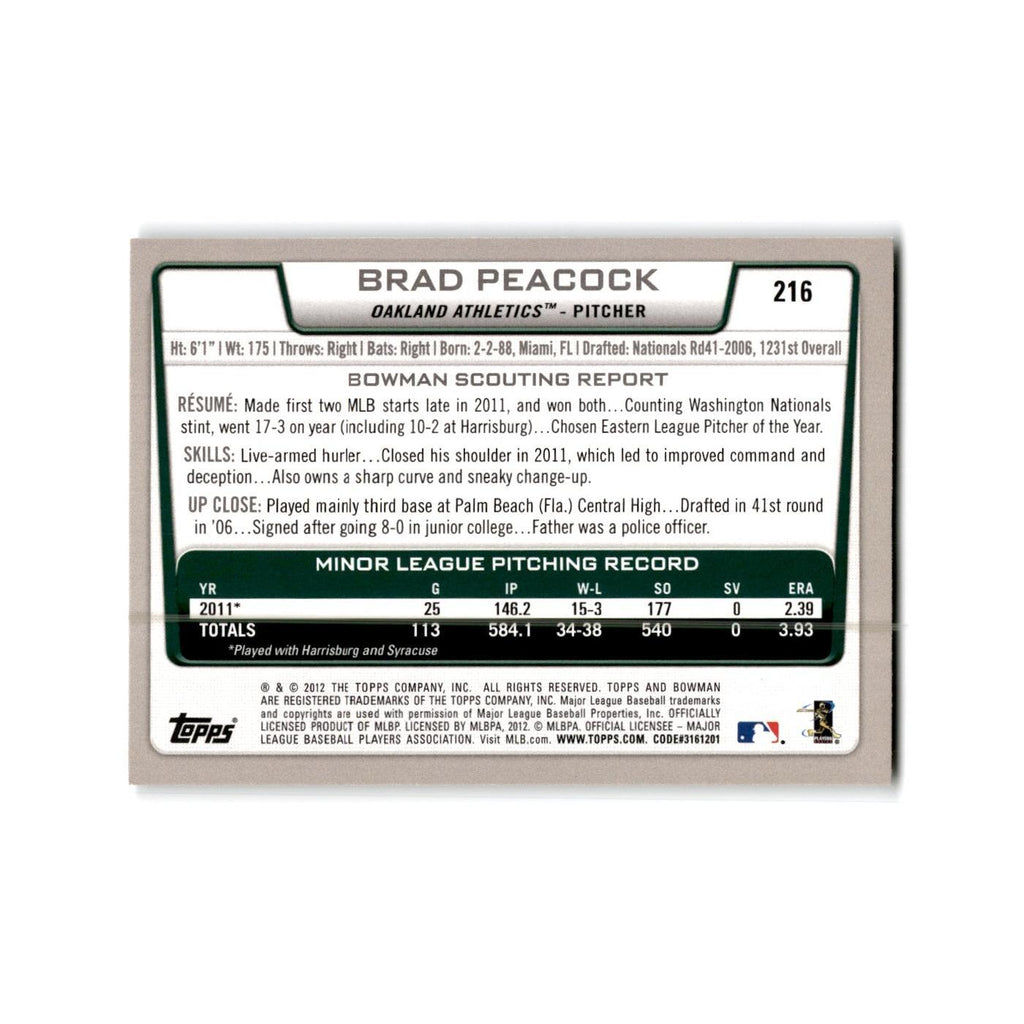 Brad Peacock Rookie 2012 Bowman #216 Oakland Athletics Baseball Card NM