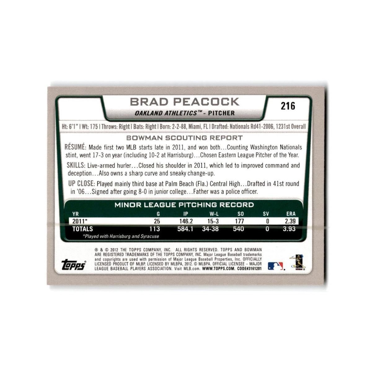 Brad Peacock Rookie 2012 Bowman #216 Oakland Athletics Baseball Card NM