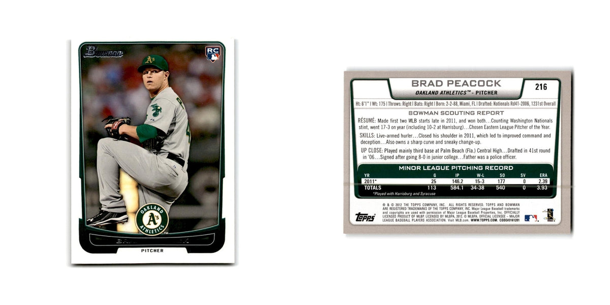 Brad Peacock Rookie 2012 Bowman #216 Oakland Athletics Baseball Card NM
