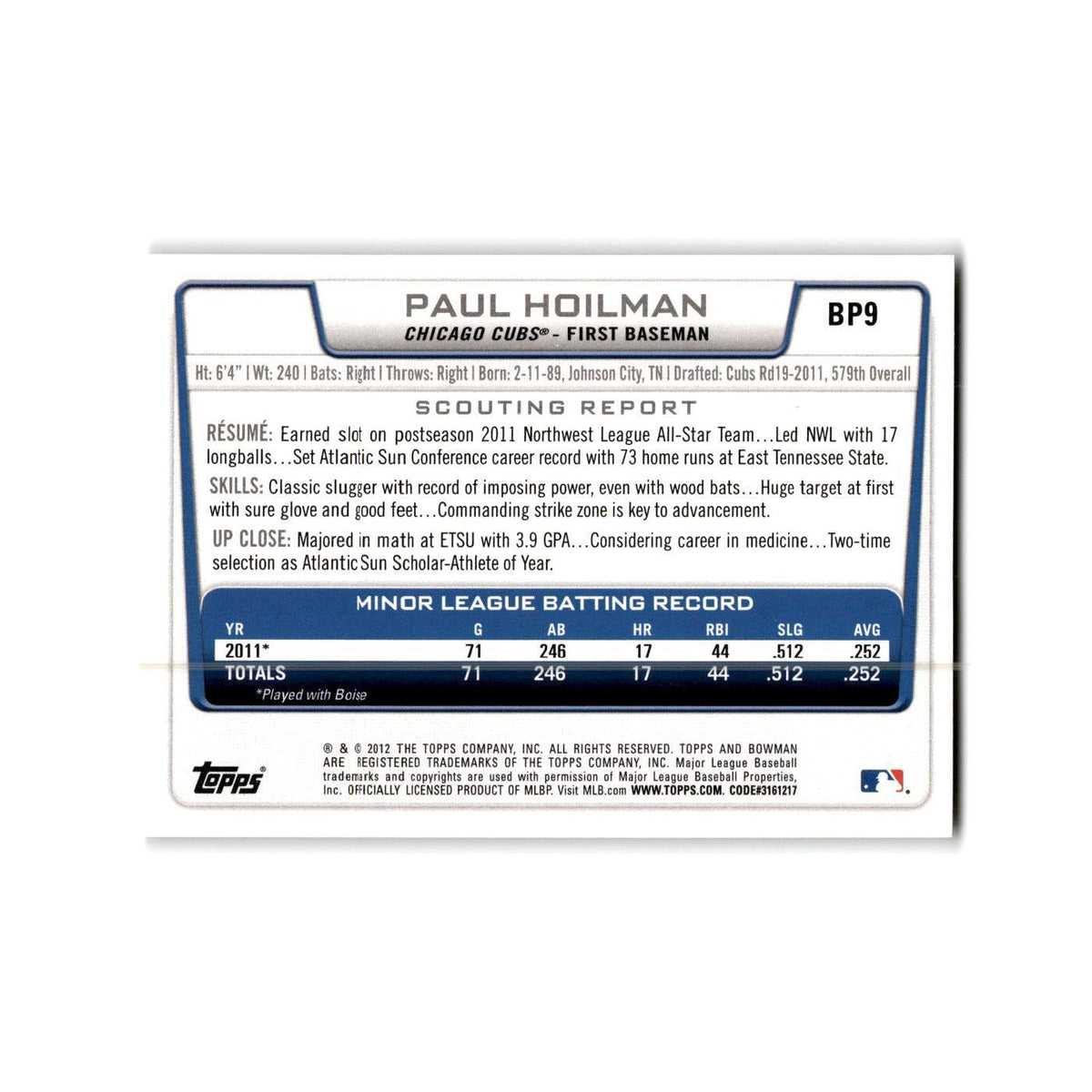 Paul Hoilman 2012 Bowman Prospects #BP9 Chicago Cubs Baseball Card NM