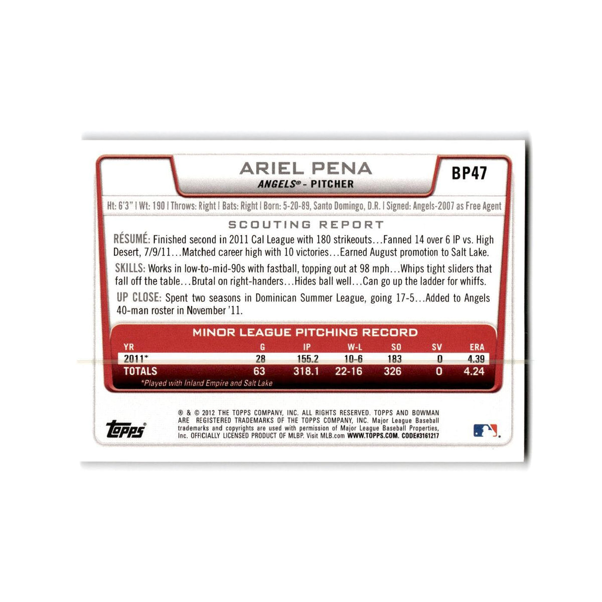Ariel Pena 2012 Bowman Prospects #BP47 Los Angeles Angels Baseball Card NM