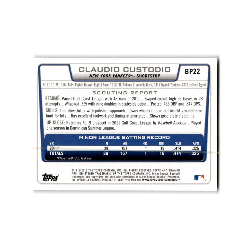 Claudio Custodio 2012 Bowman Prospects #BP22 New York Yankees Baseball Card NM