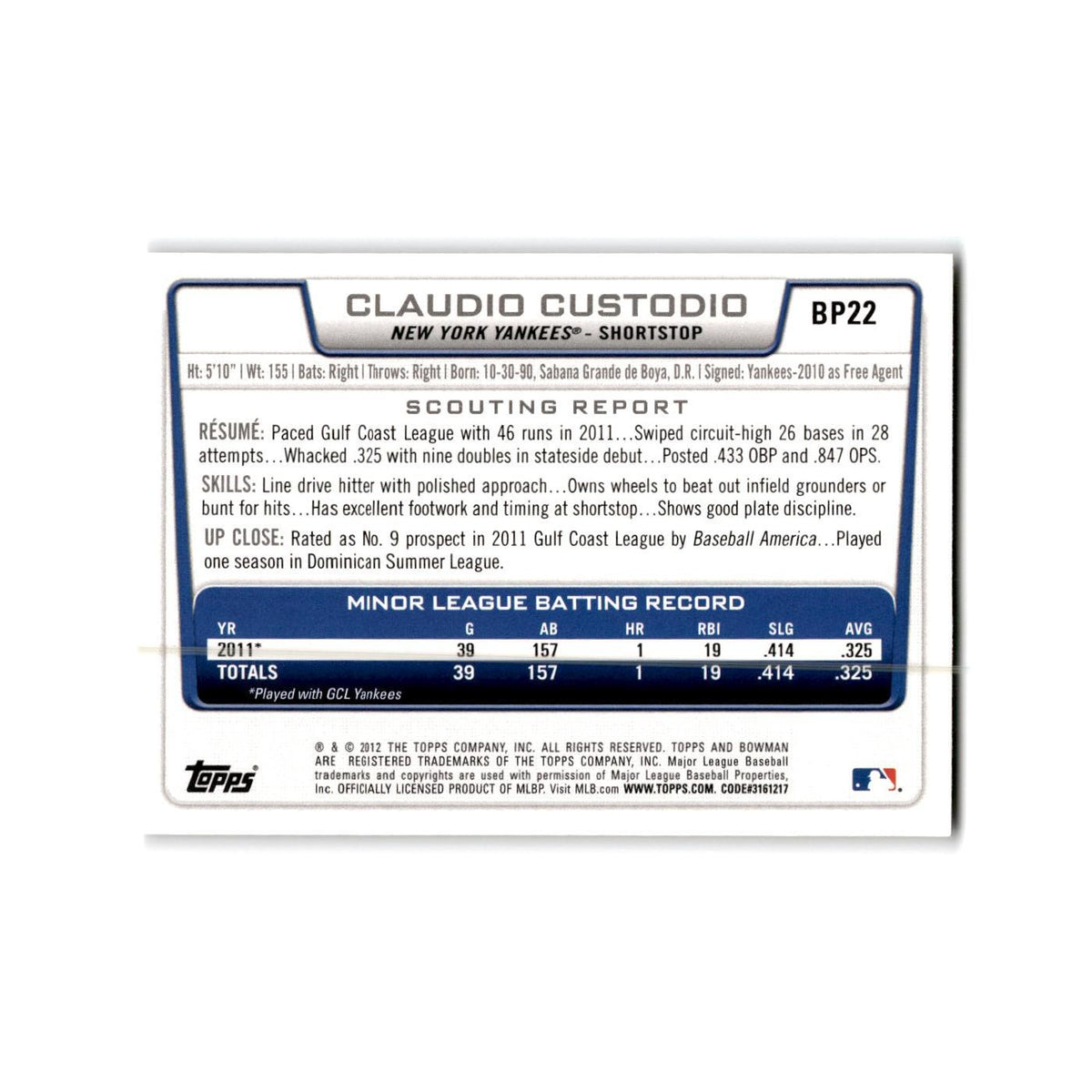 Claudio Custodio 2012 Bowman Prospects #BP22 New York Yankees Baseball Card NM