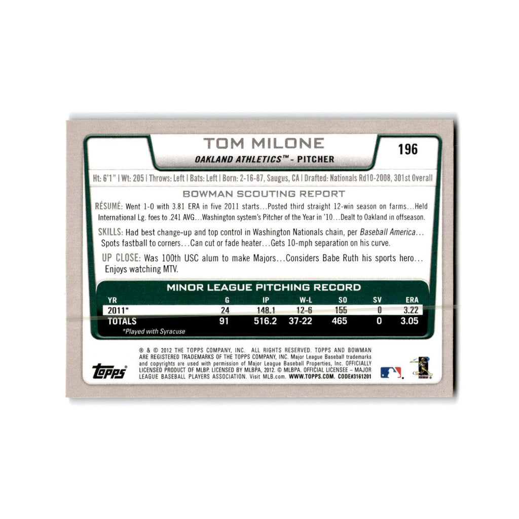 Tom Milone 2012 Bowman Gold #196 Oakland Athletics Baseball Card NM