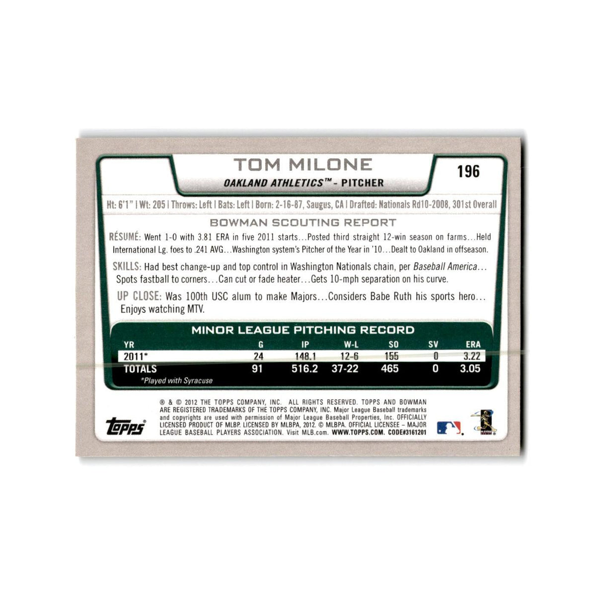 Tom Milone 2012 Bowman Gold #196 Oakland Athletics Baseball Card NM