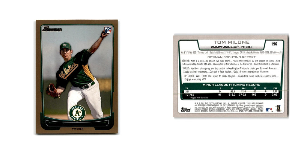 Tom Milone 2012 Bowman Gold #196 Oakland Athletics Baseball Card NM