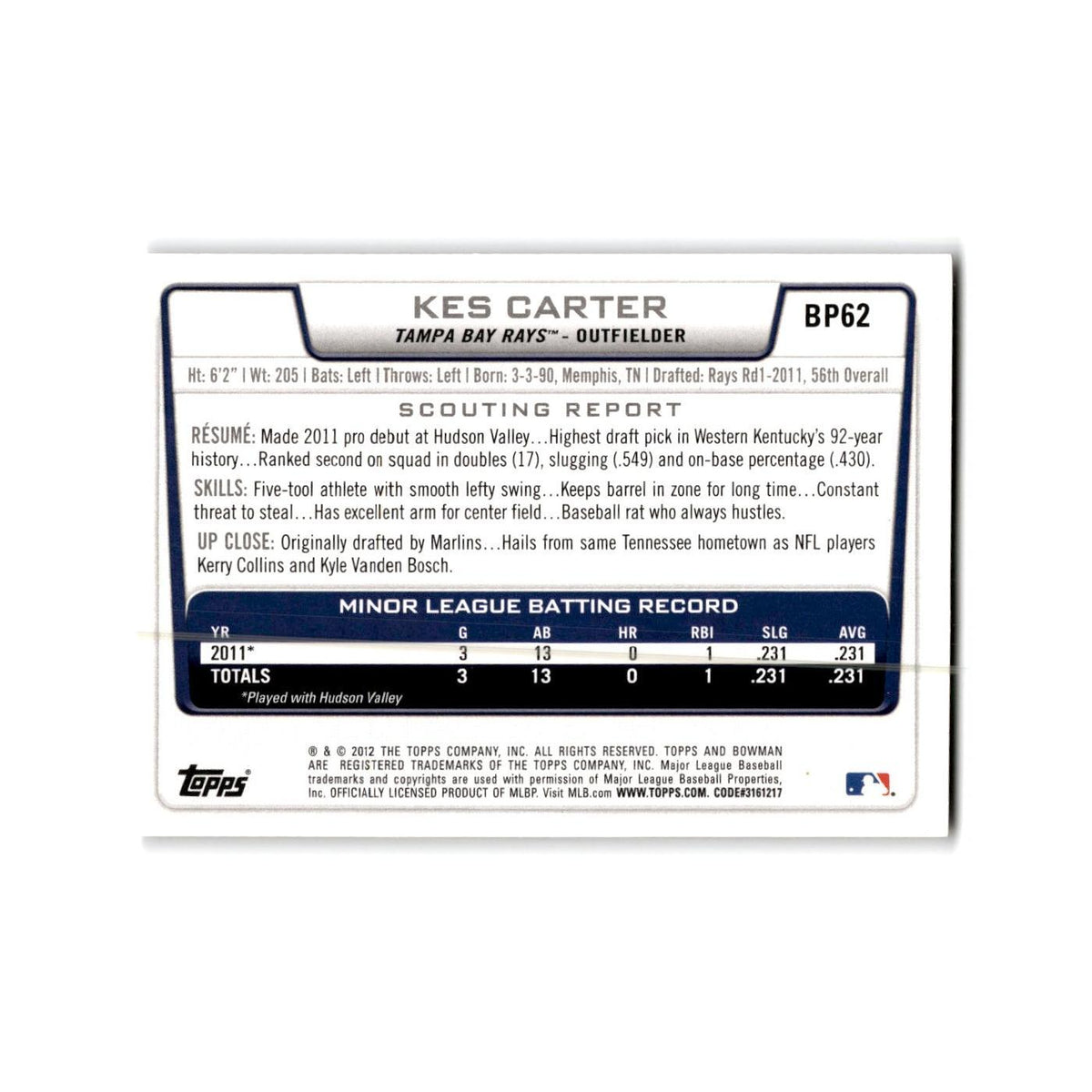 Kes Carter 2012 Bowman Prospects #BP62 Tampa Bay Rays Baseball Card NM