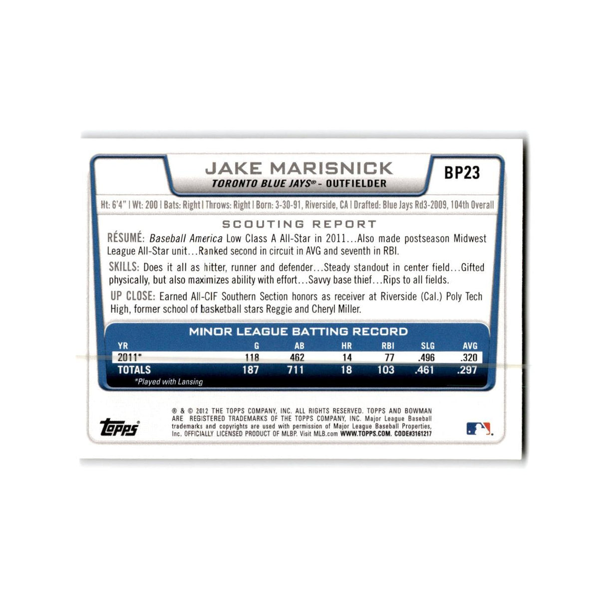 Jake Marisnick 2012 Bowman Prospects #BP23 Toronto Blue Jays Baseball Card NM