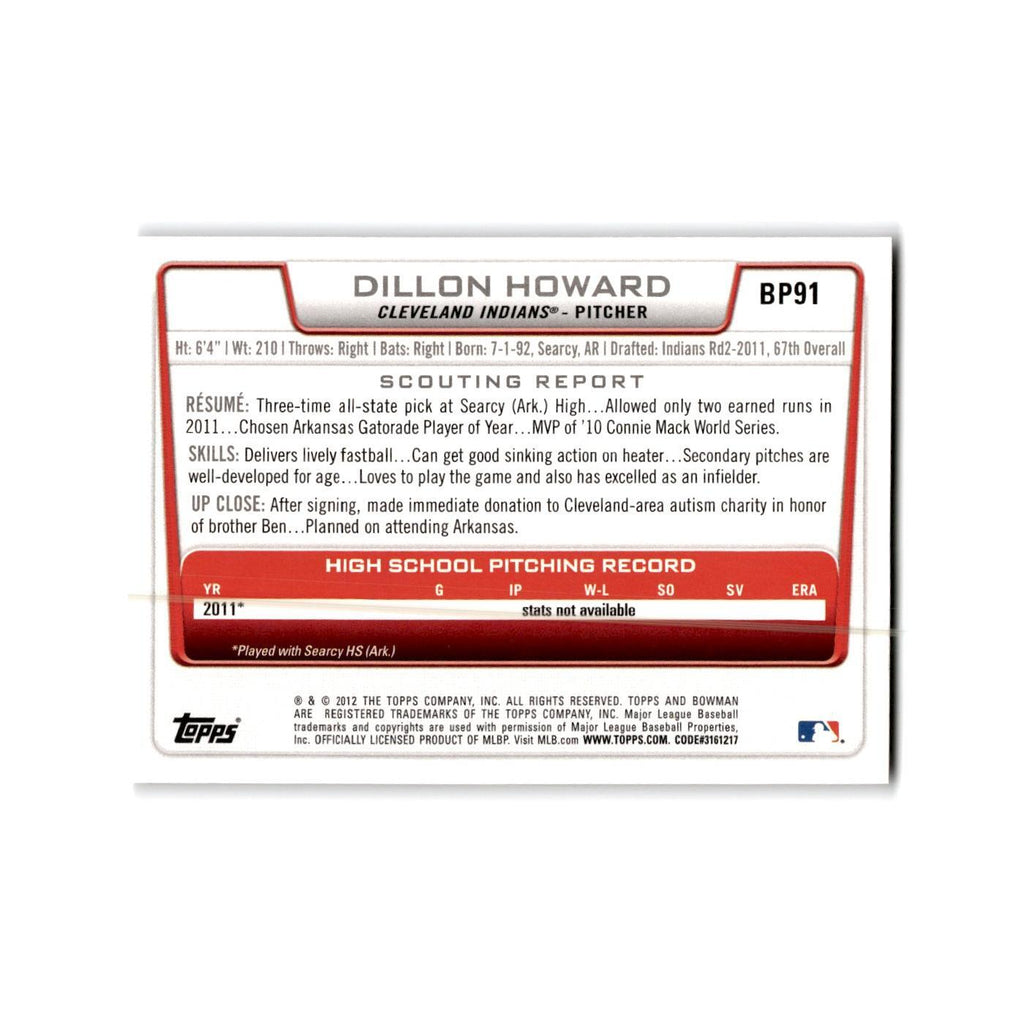 Dillon Howard 2012 Bowman Prospects #BP91 Cleveland Indians Baseball Card NM