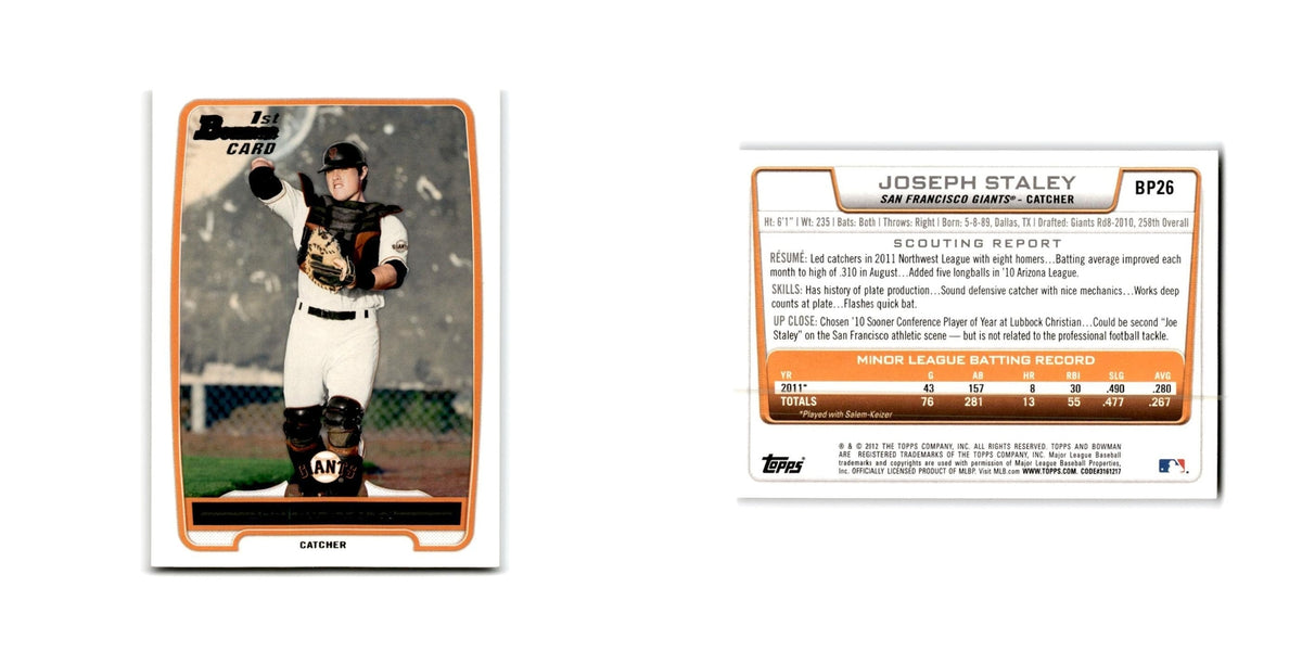Joseph Staley 2012 Bowman Prospects #BP26 San Francisco Giants Baseball Card NM