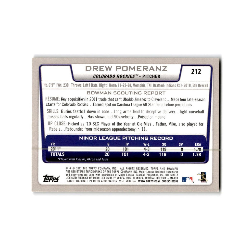 Drew Pomeranz 2012 Bowman Gold #212 Colorado Rockies Baseball Card NM