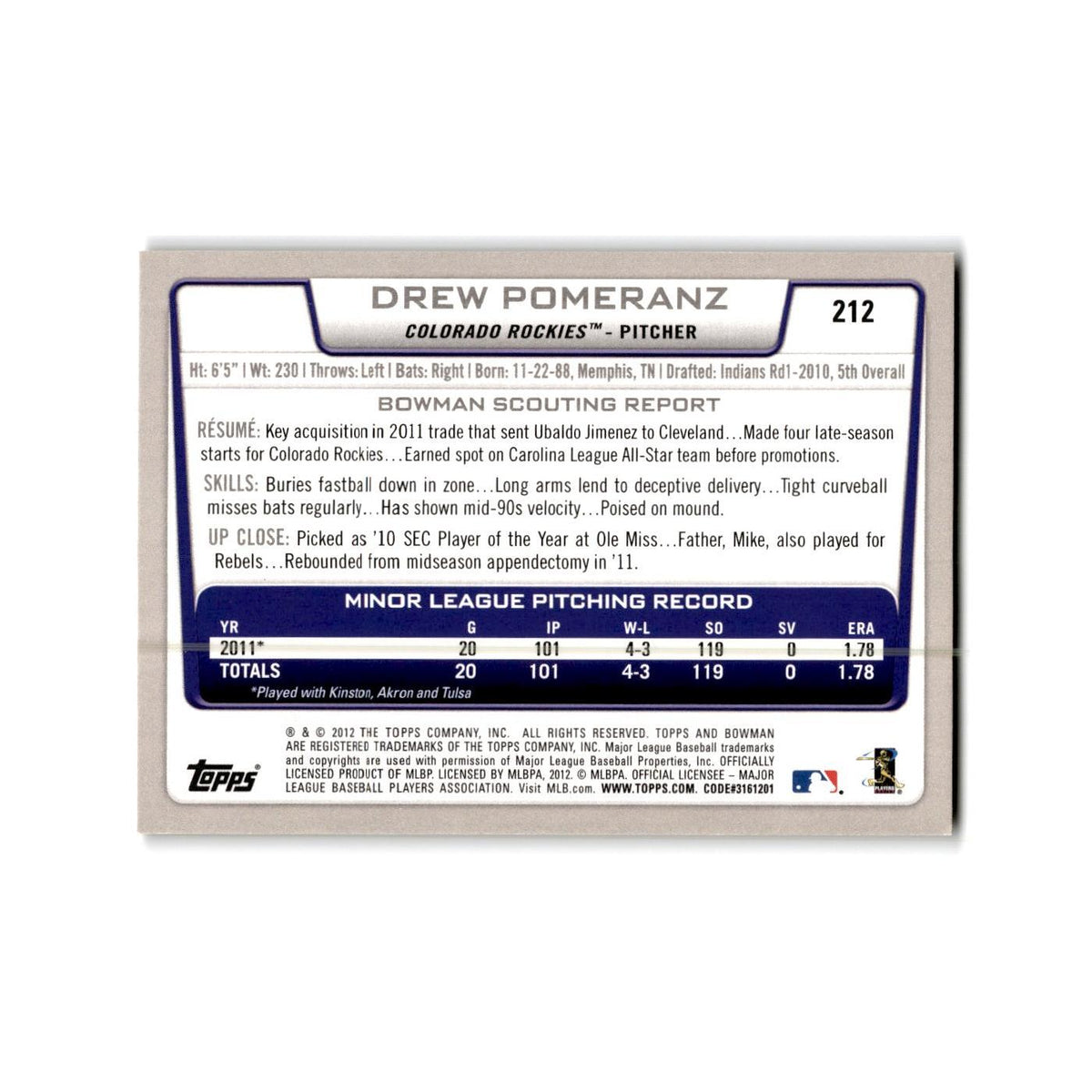Drew Pomeranz 2012 Bowman Gold #212 Colorado Rockies Baseball Card NM