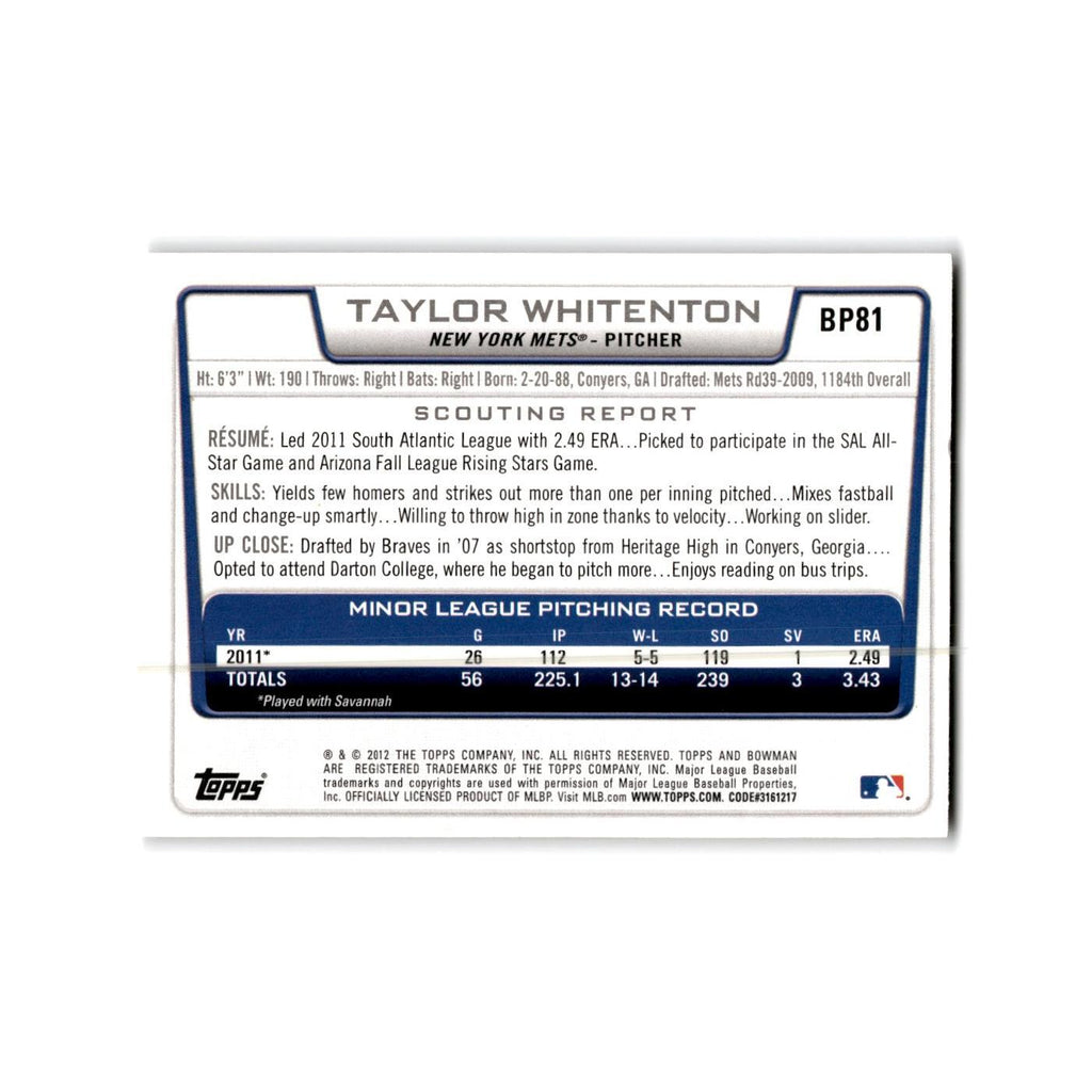 Taylor Whitenton 2012 Bowman Prospects #BP81 New York Mets Baseball Card NM