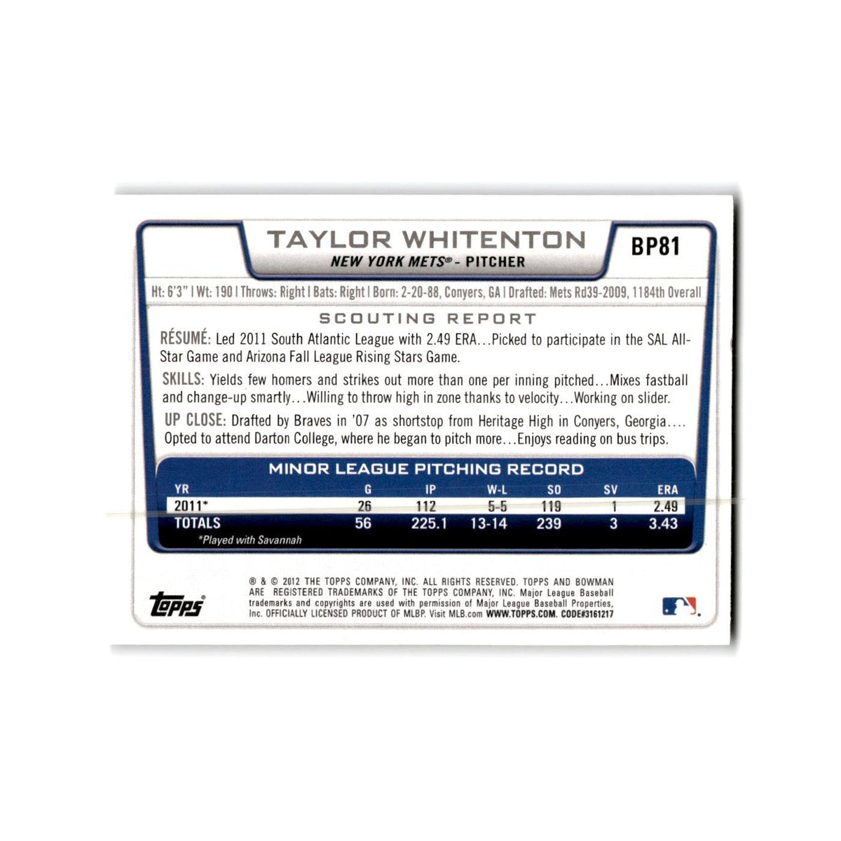 Taylor Whitenton 2012 Bowman Prospects #BP81 New York Mets Baseball Card NM