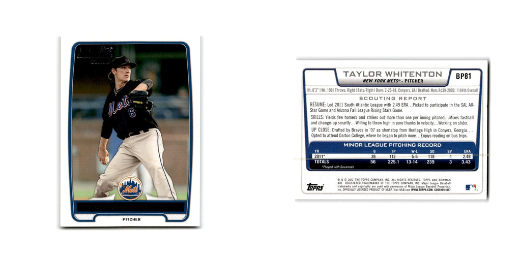 Taylor Whitenton 2012 Bowman Prospects #BP81 New York Mets Baseball Card NM