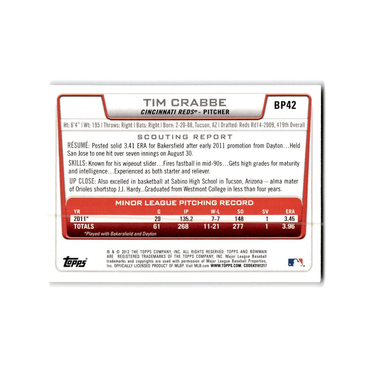 Tim Crabbe 2012 Bowman Prospects #BP42 Cincinnati Reds Baseball Card NM