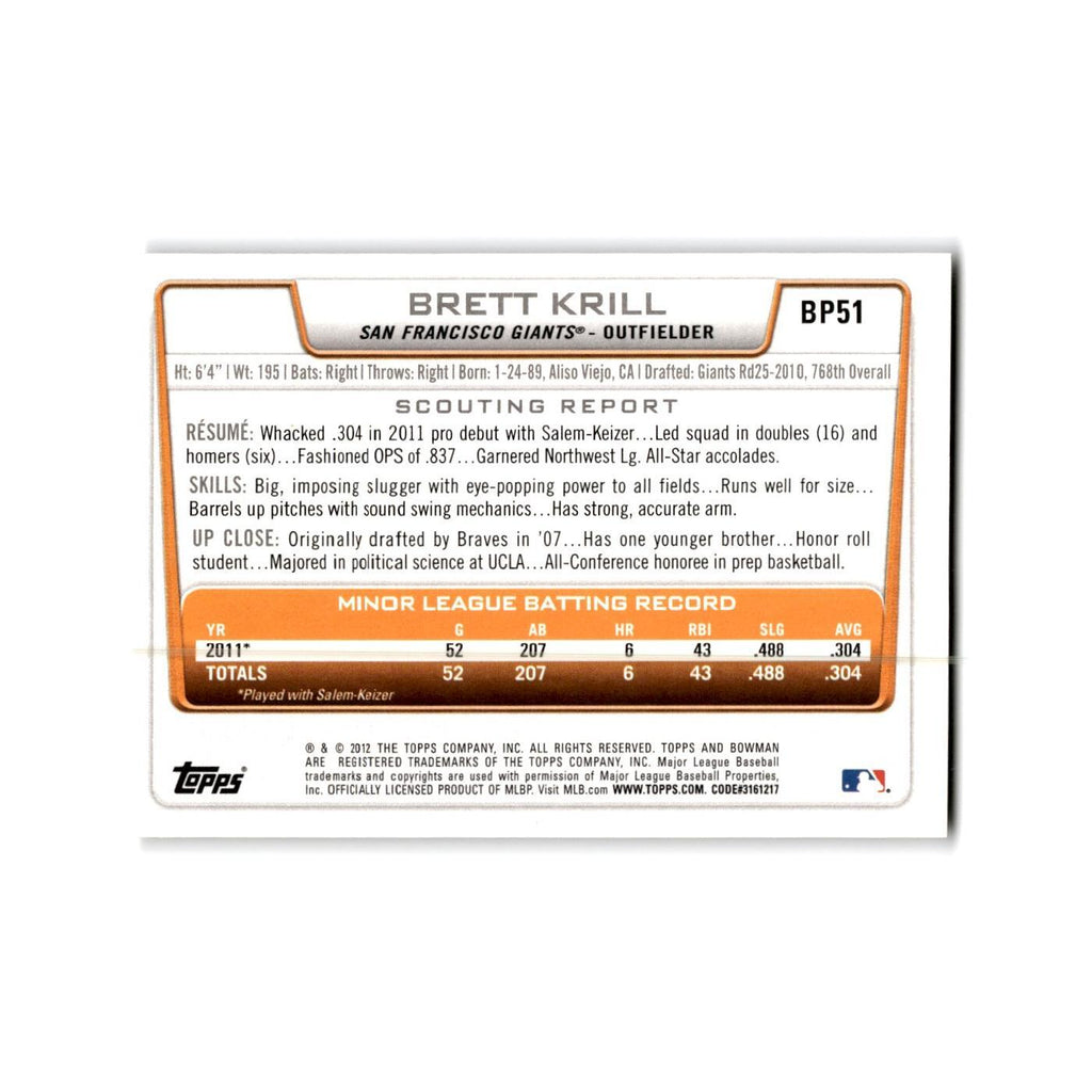 Brett Krill 2012 Bowman Prospects #BP51 San Francisco Giants Baseball Card NM
