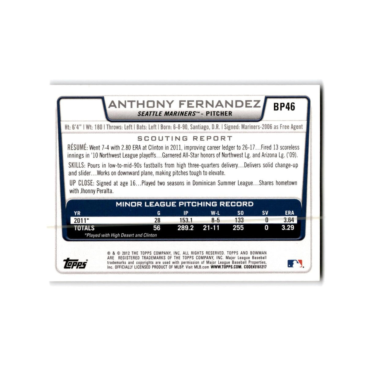 Anthony Fernandez 2012 Bowman Prospects #BP46 Seattle Mariners Baseball Card NM