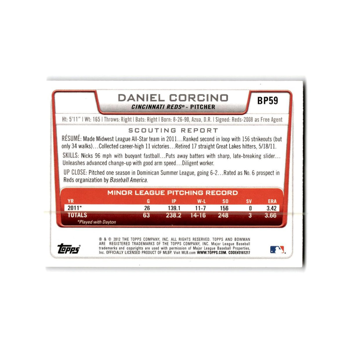 Daniel Corcino 2012 Bowman Prospects #BP59 Cincinnati Reds Baseball Card NM