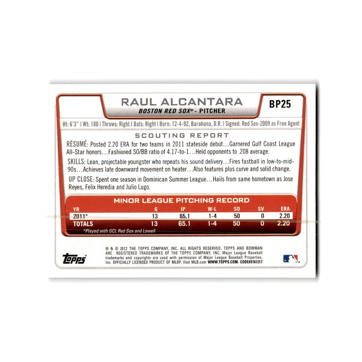 Raul Alcantara 2012 Bowman Prospects #BP25 Boston Red Sox Baseball Card NM
