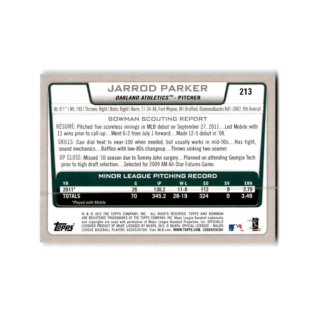 Jarrod Parker Rookie 2012 Bowman #213 Oakland Athletics Baseball Card NM