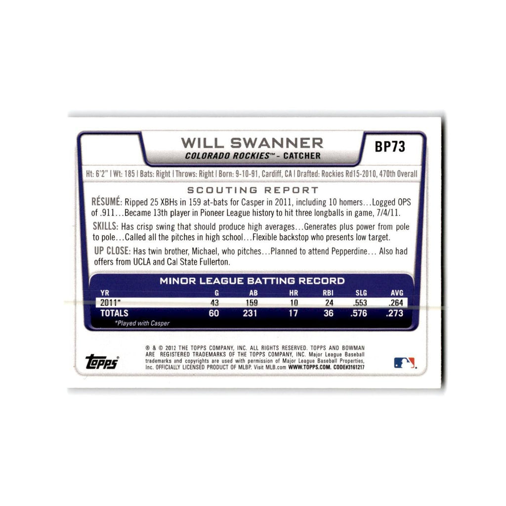 Will Swanner 2012 Bowman Prospects #BP73 Colorado Rockies Baseball Card NM