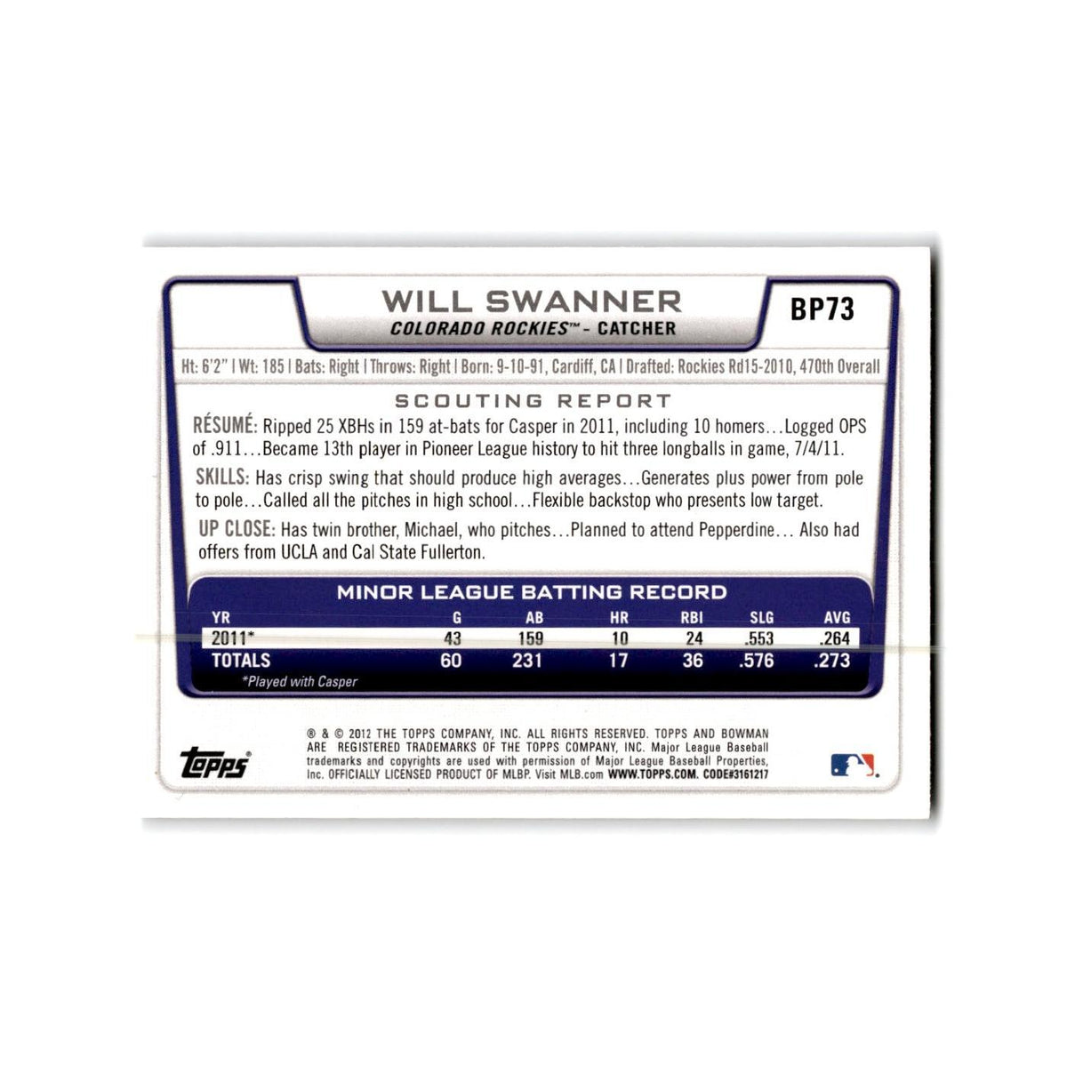 Will Swanner 2012 Bowman Prospects #BP73 Colorado Rockies Baseball Card NM