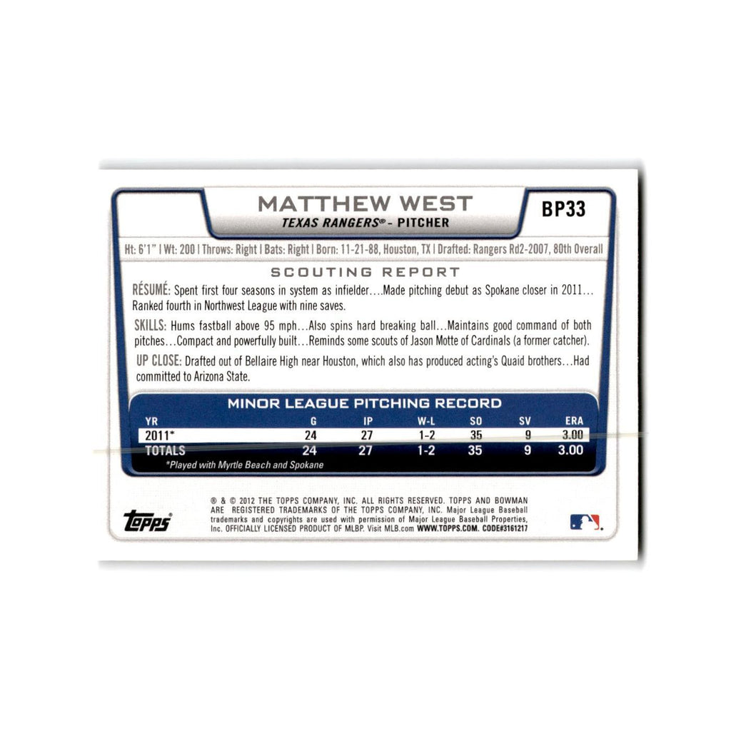 Matthew West 2012 Bowman Prospects #BP33 Texas Rangers Baseball Card NM