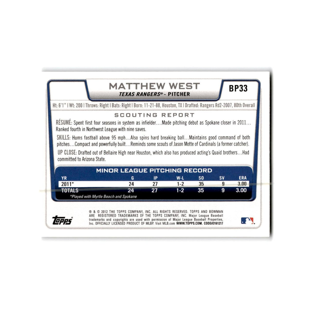 Matthew West 2012 Bowman Prospects #BP33 Texas Rangers Baseball Card NM
