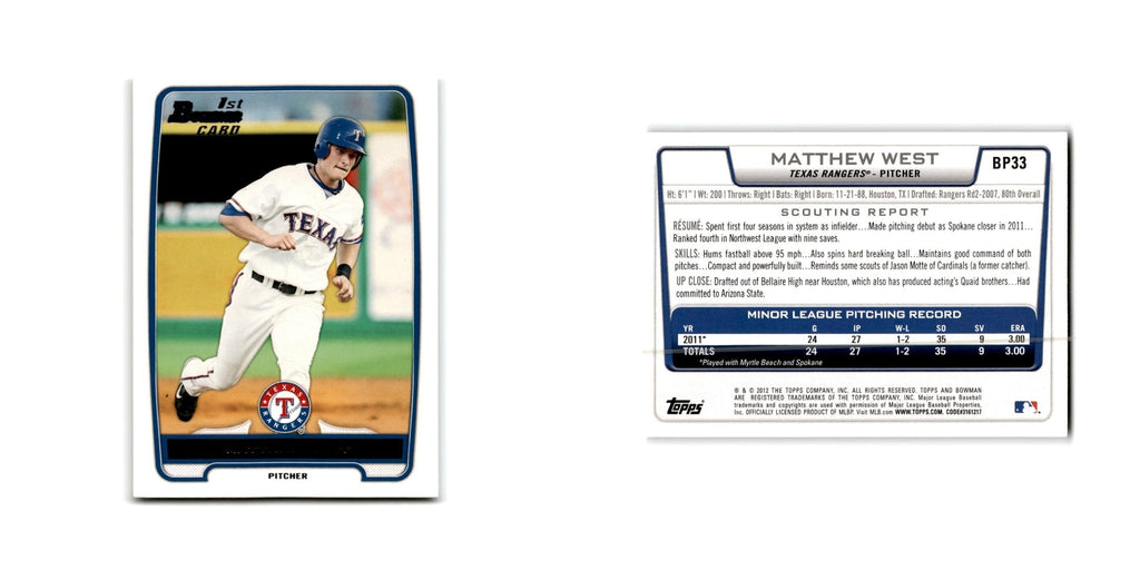 Matthew West 2012 Bowman Prospects #BP33 Texas Rangers Baseball Card NM