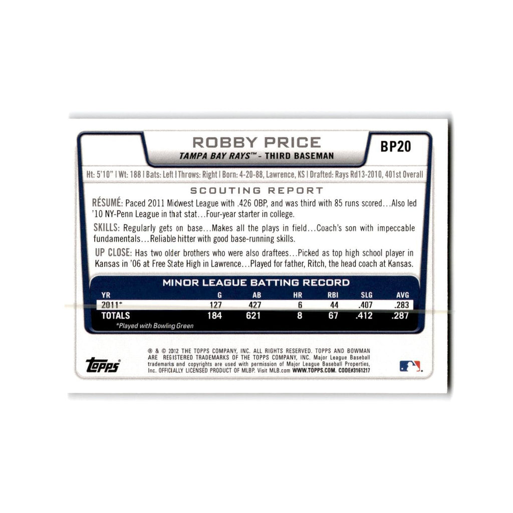 Robby Price 2012 Bowman Prospects #BP20 Tampa Bay Rays Baseball Card NM