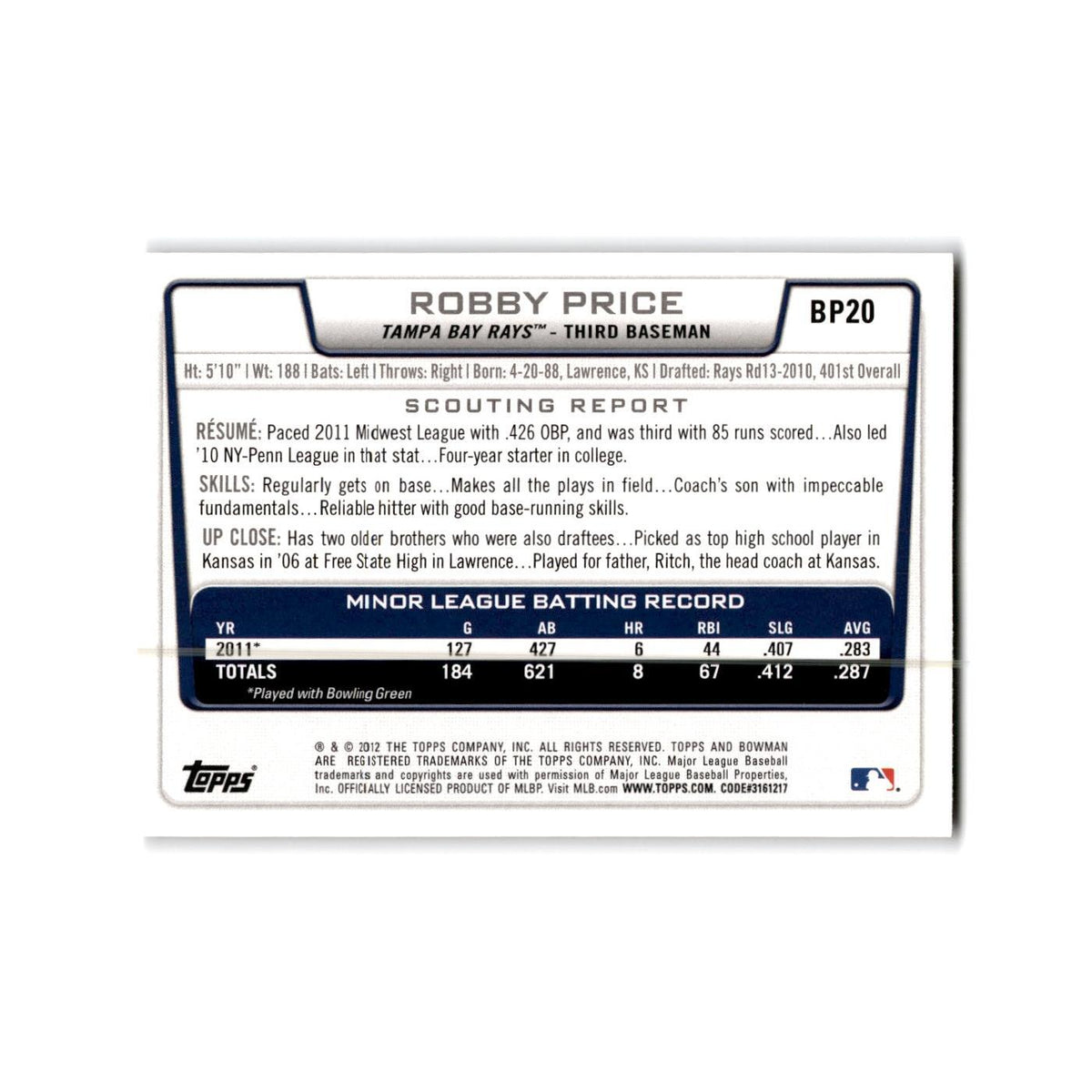 Robby Price 2012 Bowman Prospects #BP20 Tampa Bay Rays Baseball Card NM