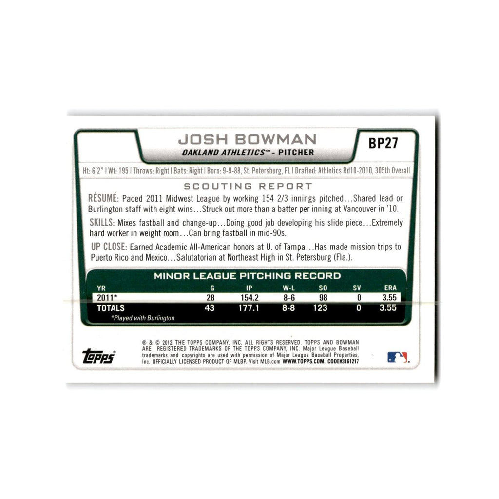 Josh Bowman 2012 Bowman Prospects #BP27 Oakland Athletics Baseball Card NM